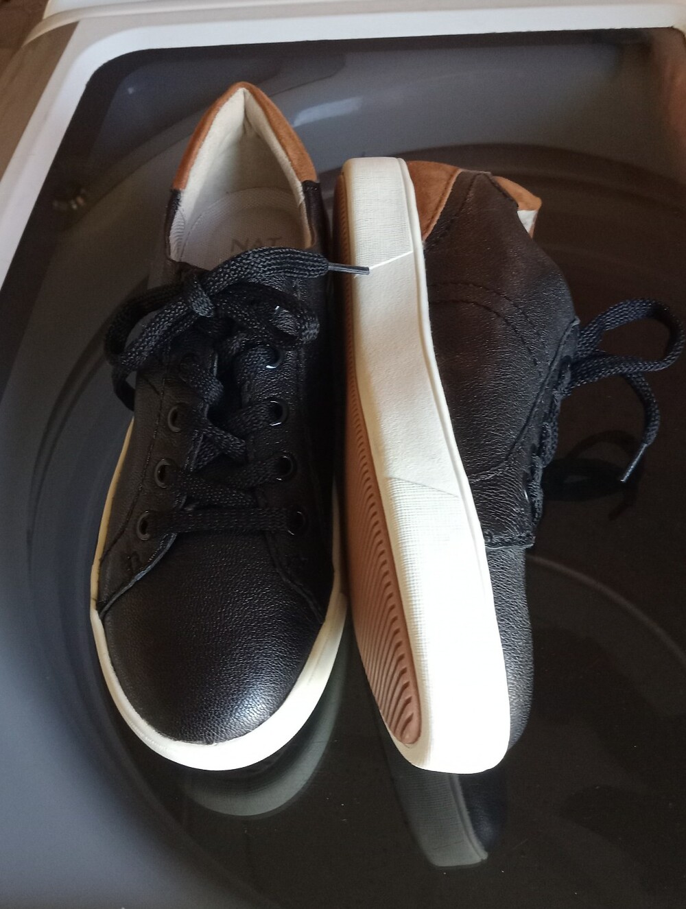 Naturalizer Black Leather Morrison Sneakers with Brown Leather Heel Accent NWOT